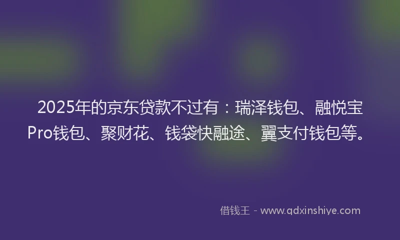 2025年的京东贷款不过有：瑞泽钱包、融悦宝Pro钱包、聚财花、钱袋快融途、翼支付钱包等。