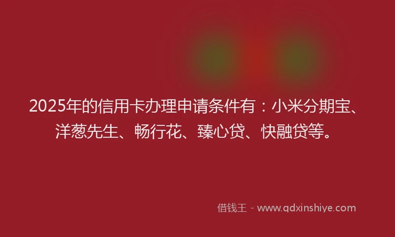 2025年的信用卡办理申请条件有：小米分期宝、洋葱先生、畅行花、臻心贷、快融贷等。
