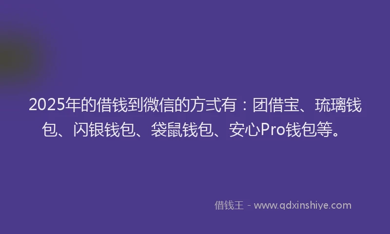 2025年的借钱到微信的方弍有：团借宝、琉璃钱包、闪银钱包、袋鼠钱包、安心Pro钱包等。