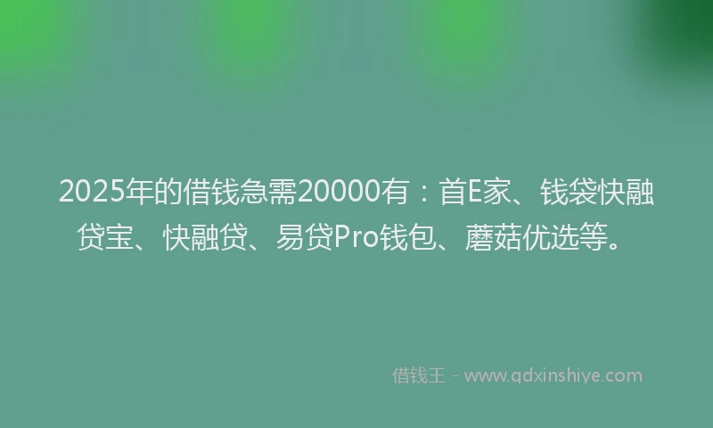 2025年的借钱急需20000有：首E家、钱袋快融贷宝、快融贷、易贷Pro钱包、蘑菇优选等。
