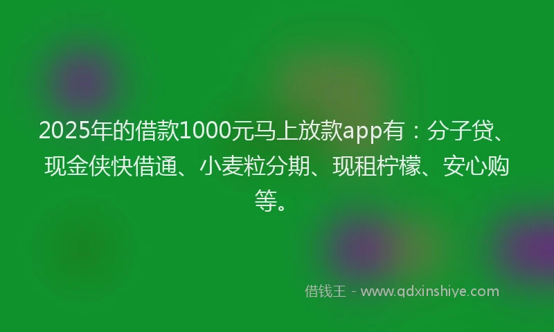 2025年的借款1000元马上放款app有：分子贷、现金侠快借通、小麦粒分期、现租柠檬、安心购等。