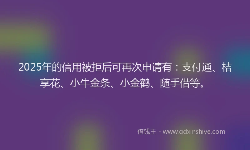2025年的信用被拒后可再次申请有：支付通、桔享花、小牛金条、小金鹤、随手借等。