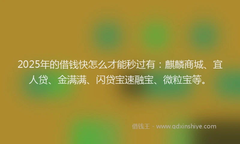2025年的借钱快怎么才能秒过有：麒麟商城、宜人贷、金满满、闪贷宝速融宝、微粒宝等。