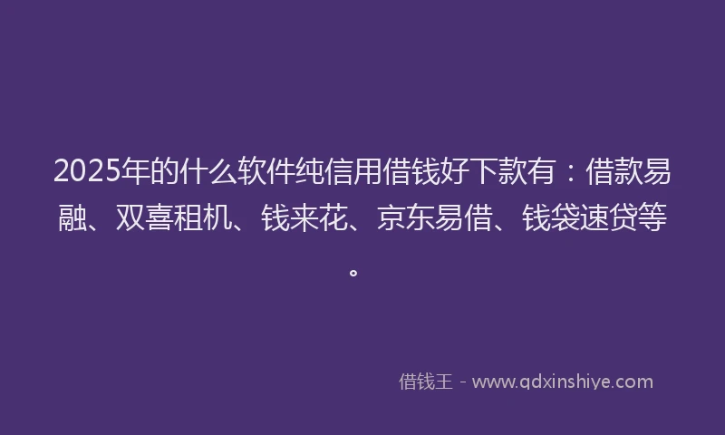 2025年的什么软件纯信用借钱好下款有：借款易融、双喜租机、钱来花、京东易借、钱袋速贷等。