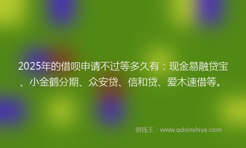 2025年的借呗申请不过等多久有：现金易融贷宝、小金鹤分期、众安贷、信和贷、爱木速借等。