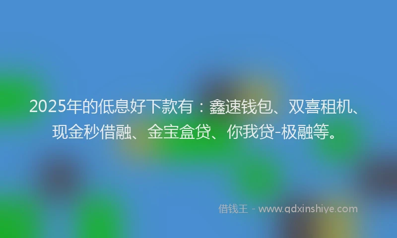2025年的低息好下款有：鑫速钱包、双喜租机、现金秒借融、金宝盒贷、你我贷-极融等。