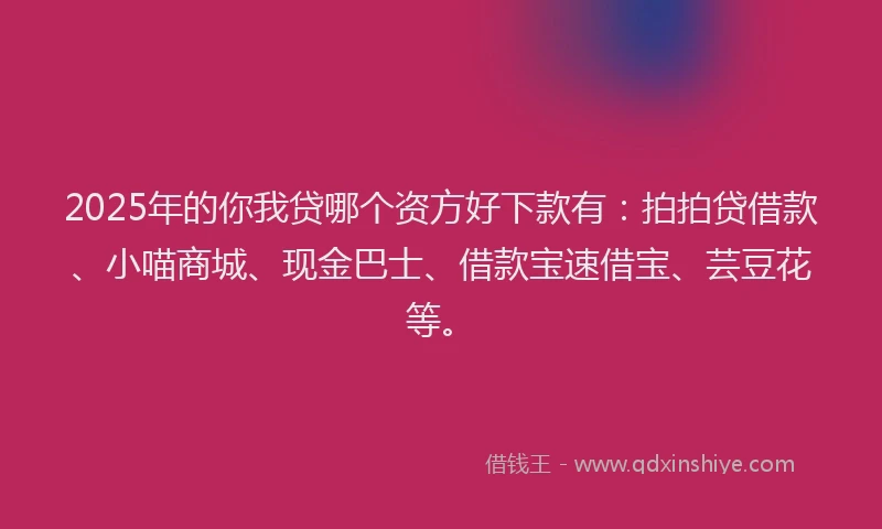 2025年的你我贷哪个资方好下款有：拍拍贷借款、小喵商城、现金巴士、借款宝速借宝、芸豆花等。