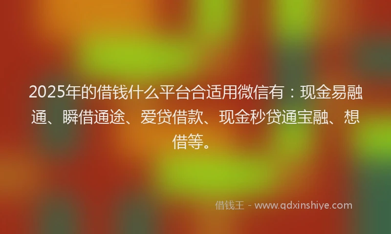 2025年的借钱什么平台合适用微信有：现金易融通、瞬借通途、爱贷借款、现金秒贷通宝融、想借等。