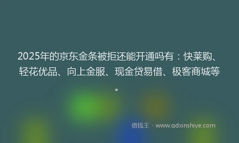 2025年的京东金条被拒还能开通吗有：快莱购、轻花优品、向上金服、现金贷易借、极客商城等。