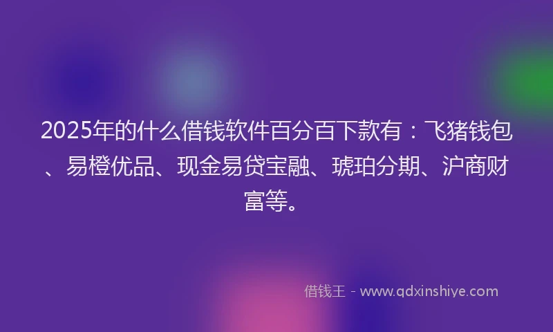 2025年的什么借钱软件百分百下款有：飞猪钱包、易橙优品、现金易贷宝融、琥珀分期、沪商财富等。