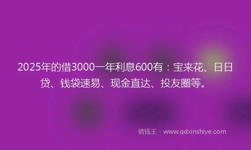 2025年的借3000一年利息600有：宝来花、日日贷、钱袋速易、现金直达、投友圈等。