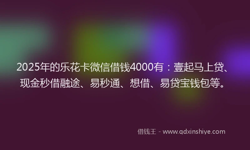 2025年的乐花卡微信借钱4000有：壹起马上贷、现金秒借融途、易秒通、想借、易贷宝钱包等。