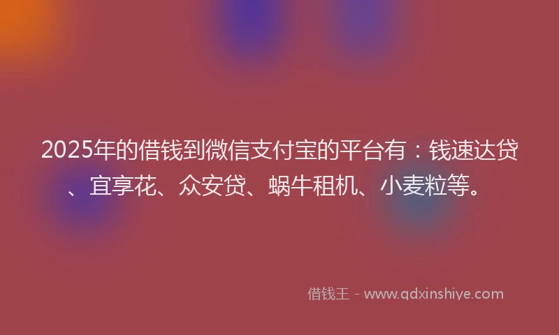2025年的借钱到微信支付宝的平台有：钱速达贷、宜享花、众安贷、蜗牛租机、小麦粒等。