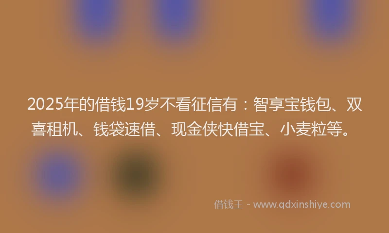 2025年的借钱19岁不看征信有：智享宝钱包、双喜租机、钱袋速借、现金侠快借宝、小麦粒等。
