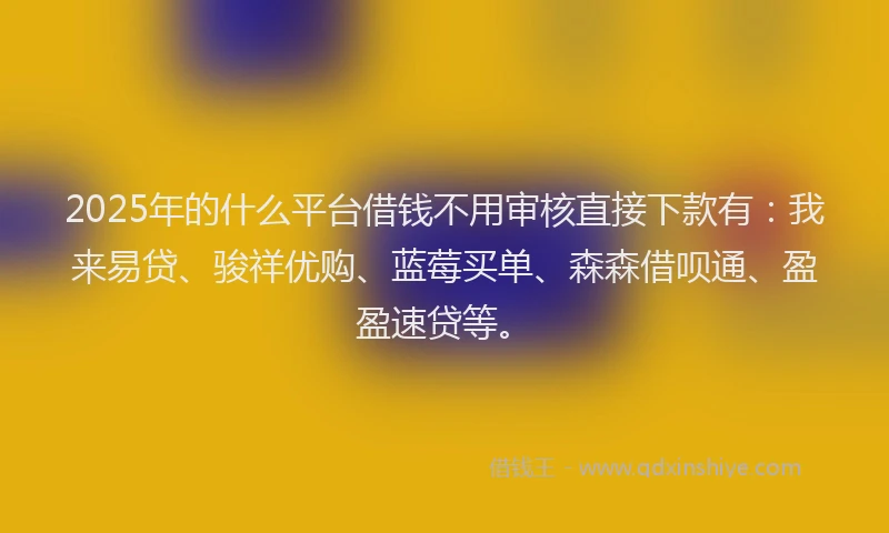 2025年的什么平台借钱不用审核直接下款有：我来易贷、骏祥优购、蓝莓买单、森森借呗通、盈盈速贷等。