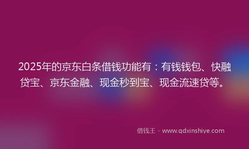 2025年的京东白条借钱功能有：有钱钱包、快融贷宝、京东金融、现金秒到宝、现金流速贷等。