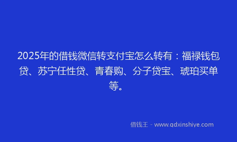 2025年的借钱微信转支付宝怎么转有：福禄钱包贷、苏宁任性贷、青春购、分子贷宝、琥珀买单等。