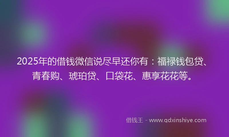 2025年的借钱微信说尽早还你有：福禄钱包贷、青春购、琥珀贷、口袋花、惠享花花等。