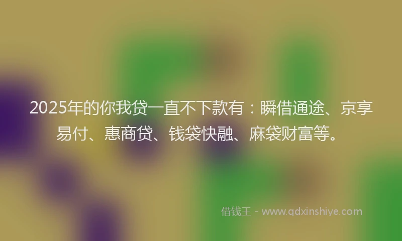 2025年的你我贷一直不下款有：瞬借通途、京享易付、惠商贷、钱袋快融、麻袋财富等。