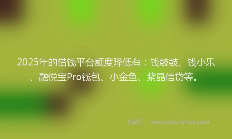 2025年的借钱平台额度降低有：钱鼓鼓、钱小乐、融悦宝Pro钱包、小金鱼、紫晶信贷等。