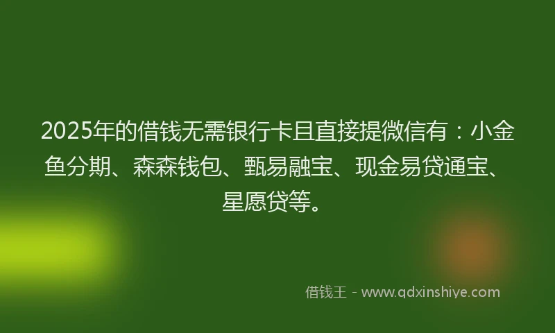 2025年的借钱无需银行卡且直接提微信有：小金鱼分期、森森钱包、甄易融宝、现金易贷通宝、星愿贷等。