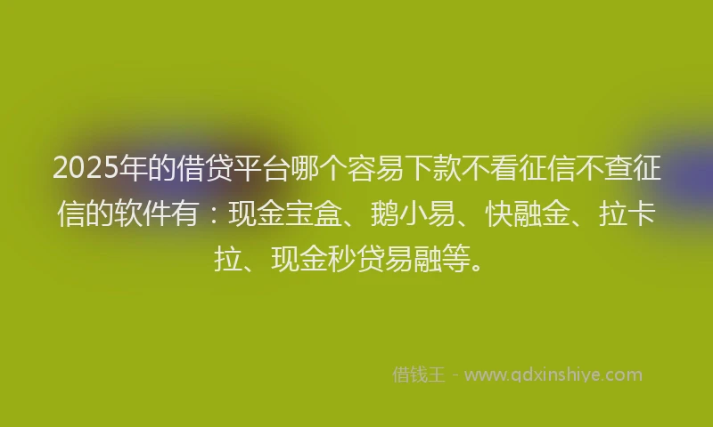 2025年的借贷平台哪个容易下款不看征信不查征信的软件有：现金宝盒、鹅小易、快融金、拉卡拉、现金秒贷易融等。
