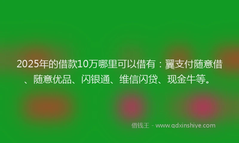 2025年的借款10万哪里可以借有：翼支付随意借、随意优品、闪银通、维信闪贷、现金牛等。