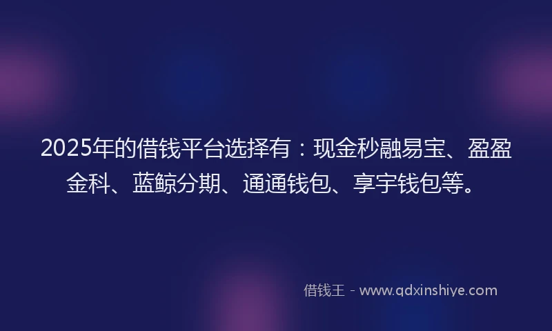 2025年的借钱平台选择有：现金秒融易宝、盈盈金科、蓝鲸分期、通通钱包、享宇钱包等。