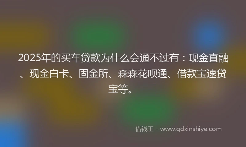2025年的买车贷款为什么会通不过有：现金直融、现金白卡、固金所、森森花呗通、借款宝速贷宝等。
