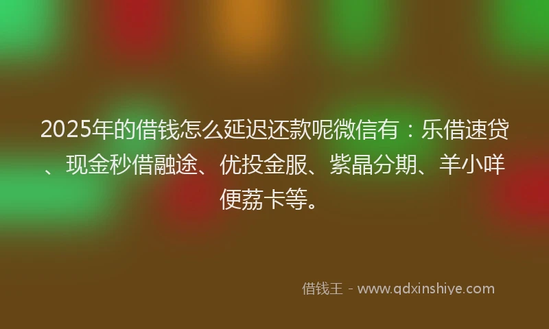 2025年的借钱怎么延迟还款呢微信有：乐借速贷、现金秒借融途、优投金服、紫晶分期、羊小咩便荔卡等。