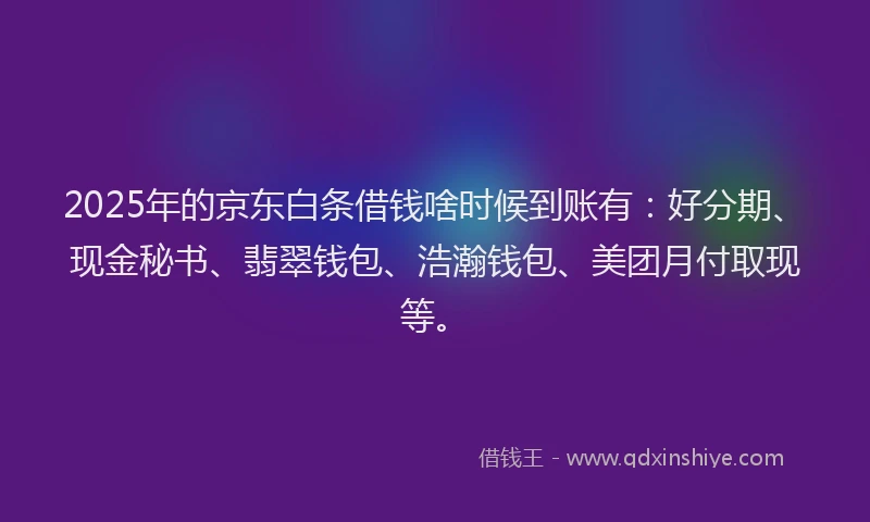 2025年的京东白条借钱啥时候到账有：好分期、现金秘书、翡翠钱包、浩瀚钱包、美团月付取现等。