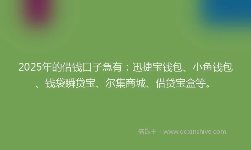 2025年的借钱口子急有：迅捷宝钱包、小鱼钱包、钱袋瞬贷宝、尔集商城、借贷宝盒等。