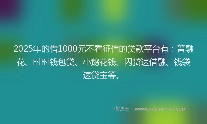2025年的借1000元不看征信的贷款平台有：普融花、时时钱包贷、小鹅花钱、闪贷速借融、钱袋速贷宝等。