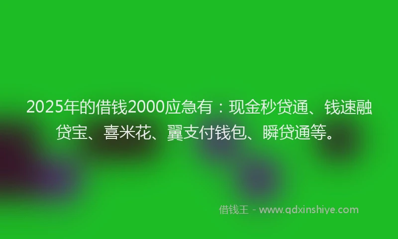 2025年的借钱2000应急有：现金秒贷通、钱速融贷宝、喜米花、翼支付钱包、瞬贷通等。