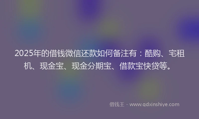 2025年的借钱微信还款如何备注有：酷购、宅租机、现金宝、现金分期宝、借款宝快贷等。