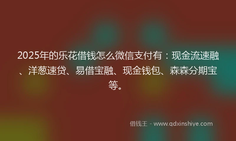 2025年的乐花借钱怎么微信支付有：现金流速融、洋葱速贷、易借宝融、现金钱包、森森分期宝等。