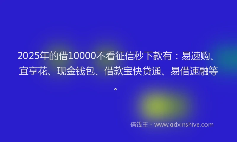 2025年的借10000不看征信秒下款有：易速购、宜享花、现金钱包、借款宝快贷通、易借速融等。