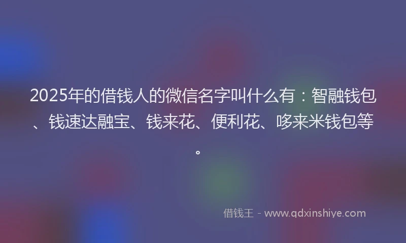 2025年的借钱人的微信名字叫什么有：智融钱包、钱速达融宝、钱来花、便利花、哆来米钱包等。
