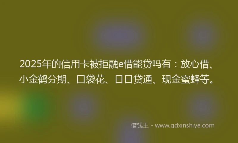 2025年的信用卡被拒融e借能贷吗有：放心借、小金鹤分期、口袋花、日日贷通、现金蜜蜂等。