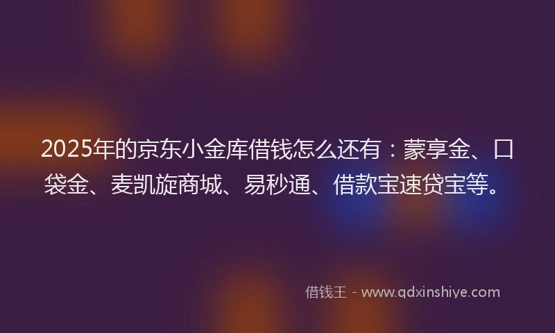 2025年的京东小金库借钱怎么还有：蒙享金、口袋金、麦凯旋商城、易秒通、借款宝速贷宝等。