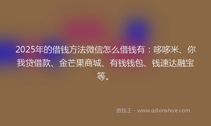 2025年的借钱方法微信怎么借钱有：哆哆米、你我贷借款、金芒果商城、有钱钱包、钱速达融宝等。