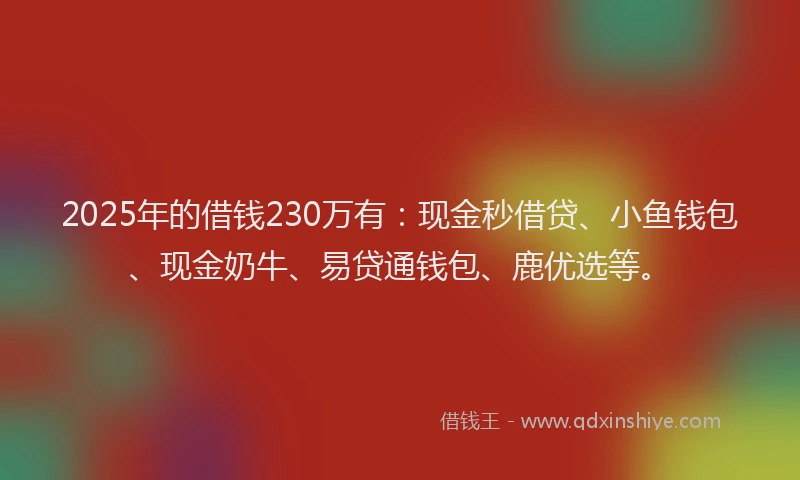 2025年的借钱230万有：现金秒借贷、小鱼钱包、现金奶牛、易贷通钱包、鹿优选等。