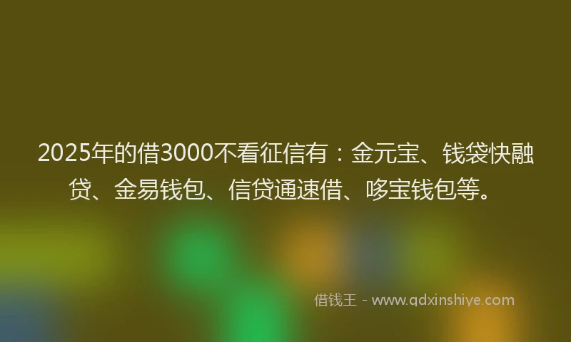 2025年的借3000不看征信有：金元宝、钱袋快融贷、金易钱包、信贷通速借、哆宝钱包等。