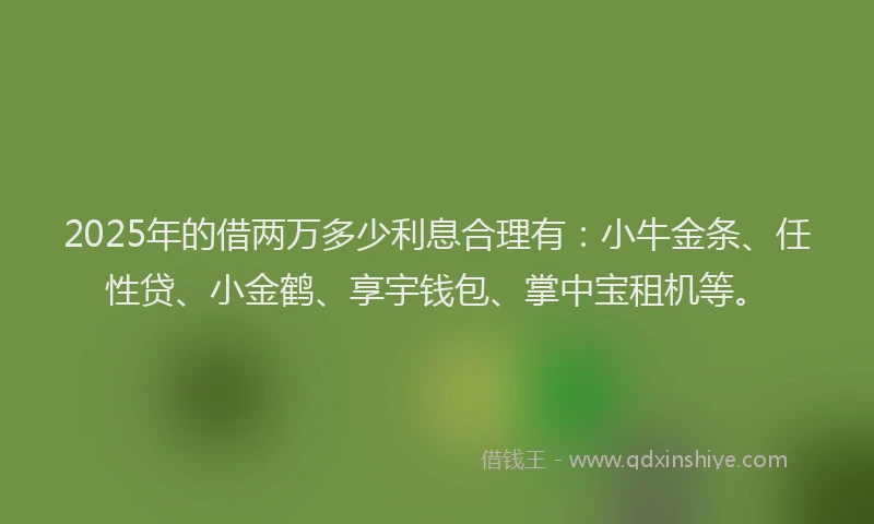 2025年的借两万多少利息合理有：小牛金条、任性贷、小金鹤、享宇钱包、掌中宝租机等。