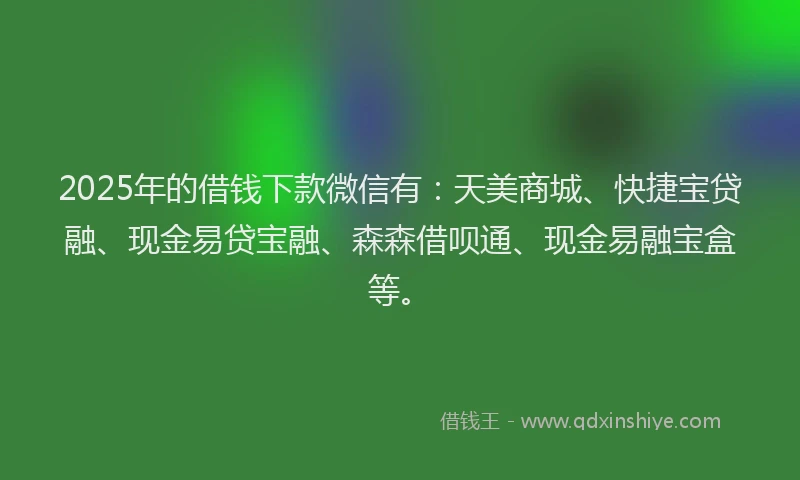 2025年的借钱下款微信有：天美商城、快捷宝贷融、现金易贷宝融、森森借呗通、现金易融宝盒等。