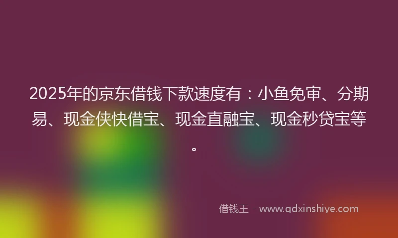 2025年的京东借钱下款速度有：小鱼免审、分期易、现金侠快借宝、现金直融宝、现金秒贷宝等。