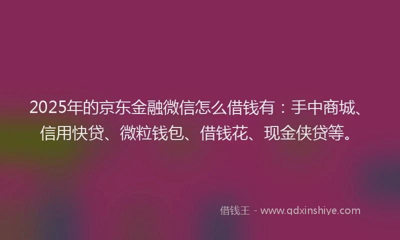 2025年的京东金融微信怎么借钱有：手中商城、信用快贷、微粒钱包、借钱花、现金侠贷等。
