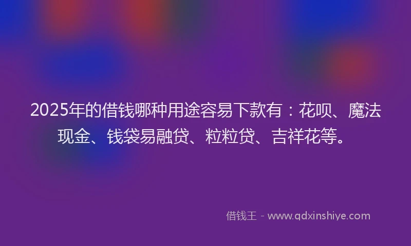 2025年的借钱哪种用途容易下款有：花呗、魔法现金、钱袋易融贷、粒粒贷、吉祥花等。
