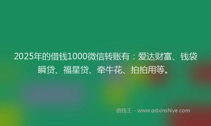 2025年的借钱1000微信转账有：爱达财富、钱袋瞬贷、福星贷、牵牛花、拍拍用等。