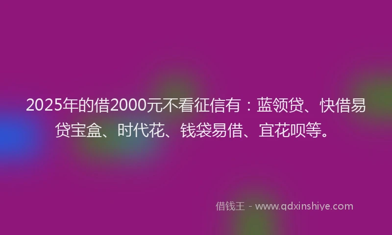2025年的借2000元不看征信有：蓝领贷、快借易贷宝盒、时代花、钱袋易借、宜花呗等。